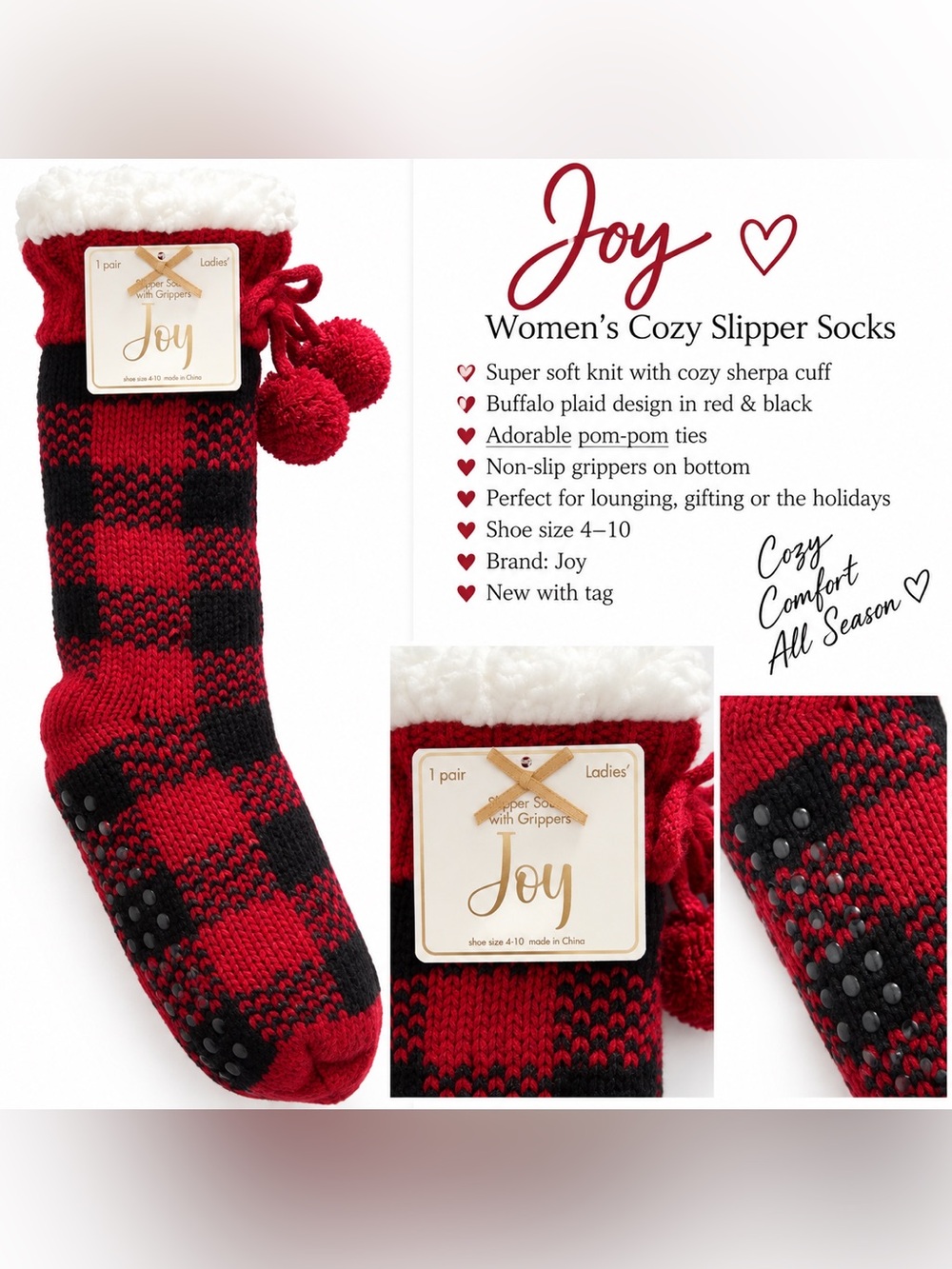 Joy Women’s Cozy Buffalo Plaid Slipper Socks - Red & Black Size 4-10